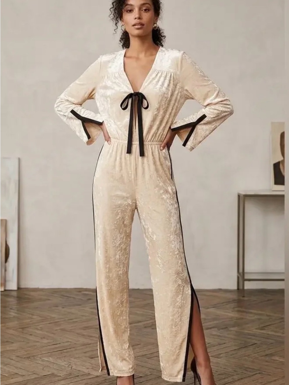 We are HAH Cream Velvet Jumpsuit